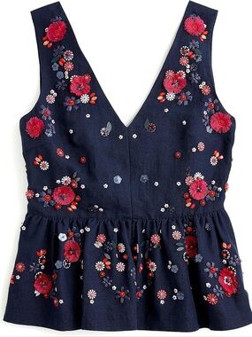 J. Crew hand embellished navy peplum top